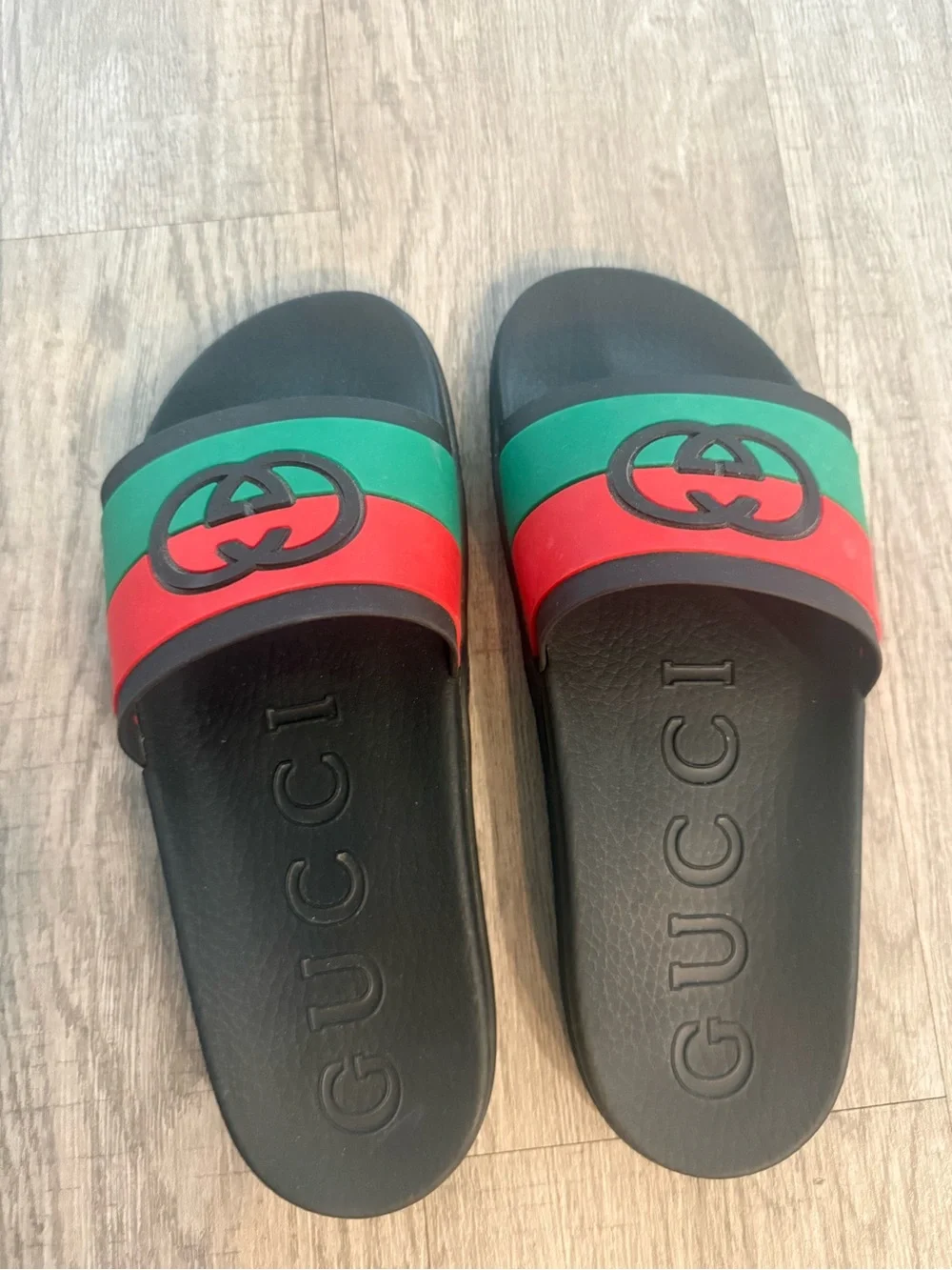 Authentic Gucci Black Slides with Green and Red Web Stripe and Double G Logo